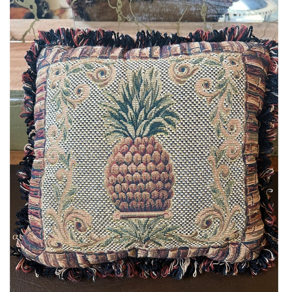 Vintage Pineapple Tapestry Throw Pillow Fringe Tropical Coastal Cottage Decor